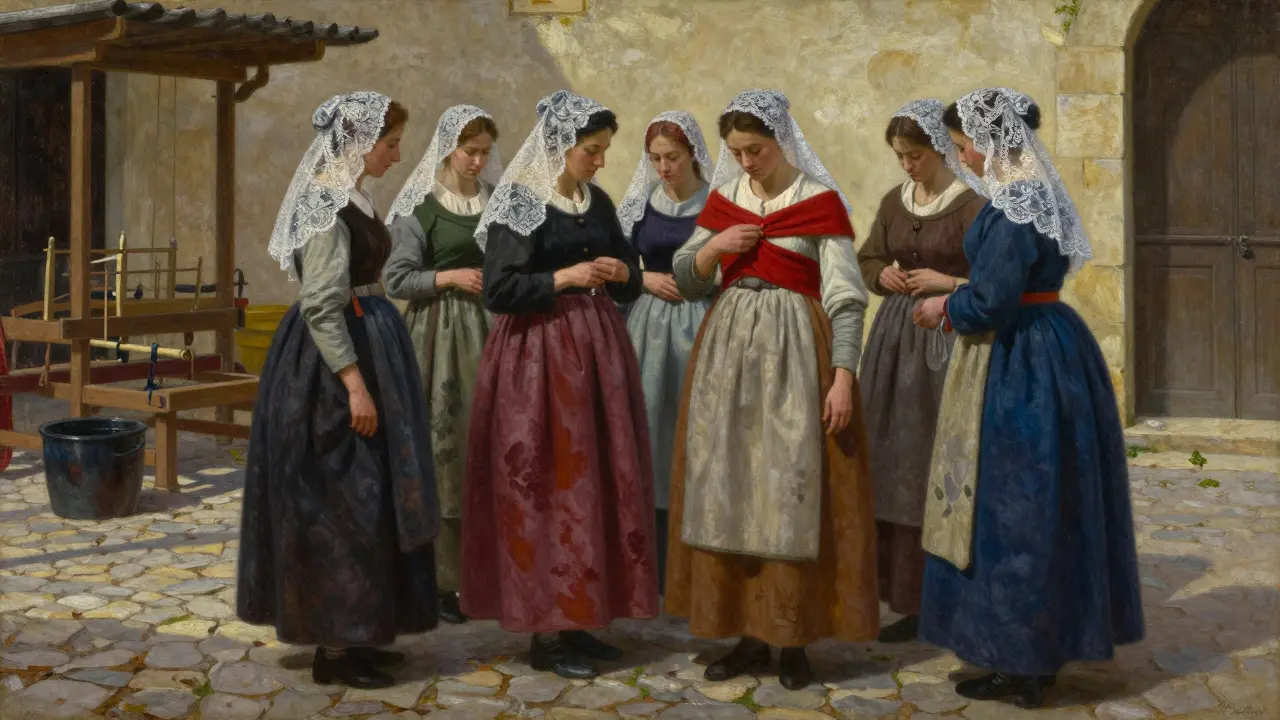 Femmes gasconnes en jupons de laine et coiffes de dentelle, préparant une fête avec bande rouge sur la poitrine.