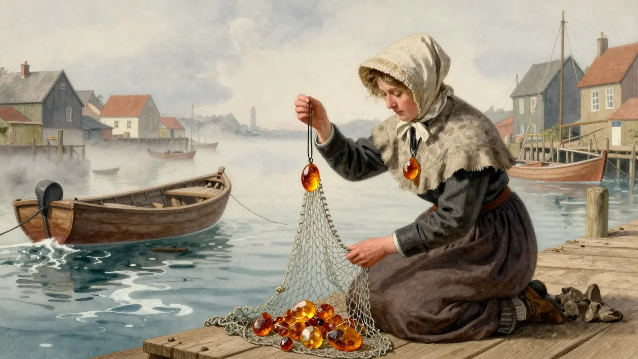 Femmes normandes trouvant de l'ambre dans un filet de pêche, dans un village côtier du XIXe siècle.