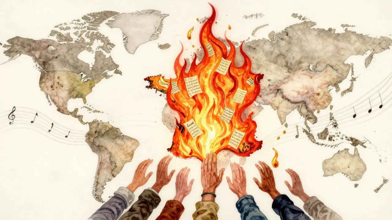 Flamme symbolique de La Marseillaise s'étendant de la France vers le monde, entourée de mains qui la rejoignent.