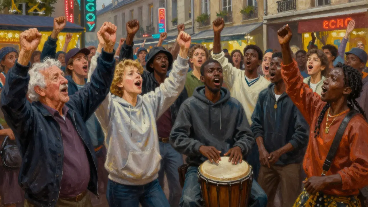 Foule diverse en pleine fête de la musique en France, chantant La Marseillaise avec des percussions modernes et traditionnelles.