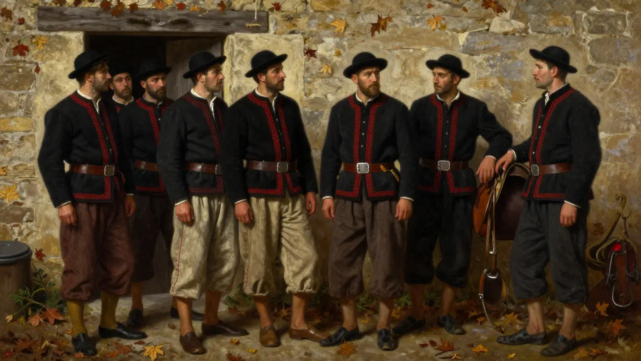 Hommes en costume landais près d'une ferme, veste brodée, pantalon large et ceinture en cuir avec boucle en argent.