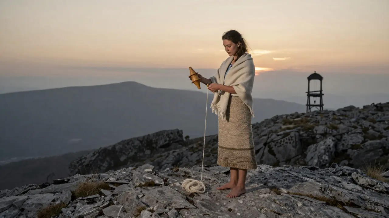 Jeune femme du Massif Central filant la laine sur une colline, vêtue d'une jupe et d'un châle tissés main au coucher du soleil.