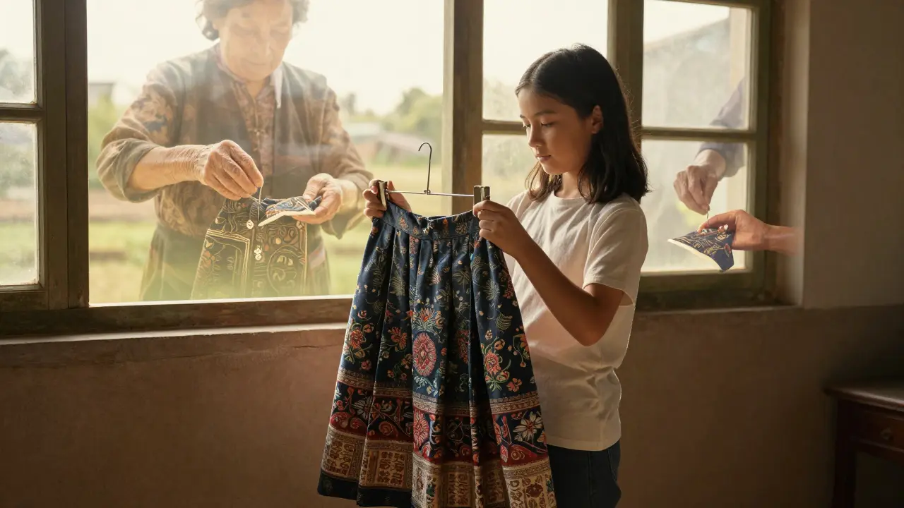 Jeune fille tenant une jupe traditionnelle, avec les mains de sa grand-mère flottant en transparence derrière elle.