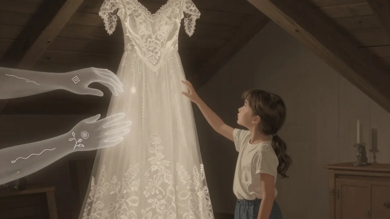 Jeune fille touchant une robe de mariée ancienne dans un grenier, des mains fantomatiques guidant ses doigts sur les motifs.