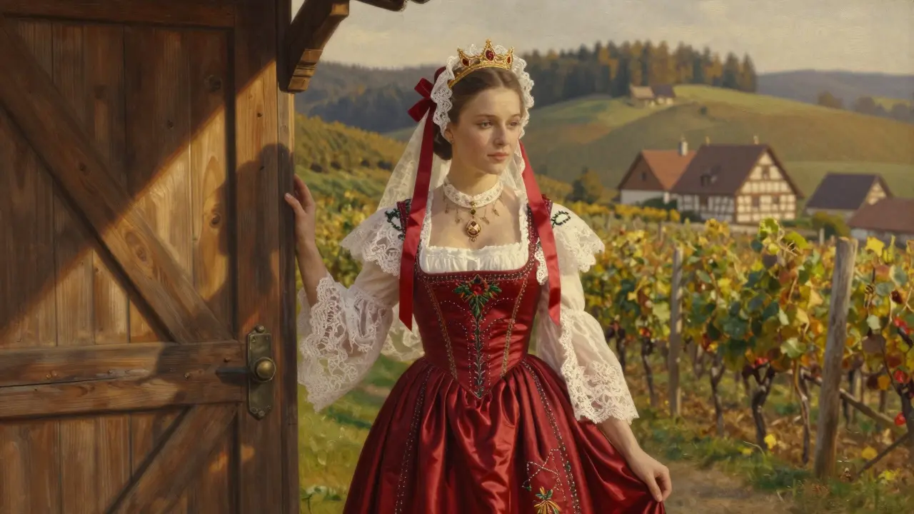 Mariée alsacienne en robe rouge et coiffe de dentelle, debout devant une ferme traditionnelle au coucher du soleil.