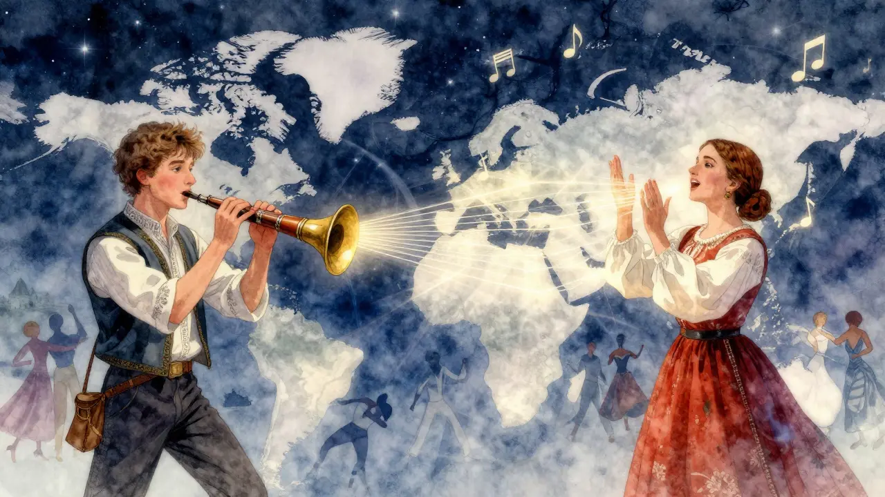 Musicien breton et chanteur géorgien créent une fusion musicale, leurs mélodies reliées par des fils lumineux.