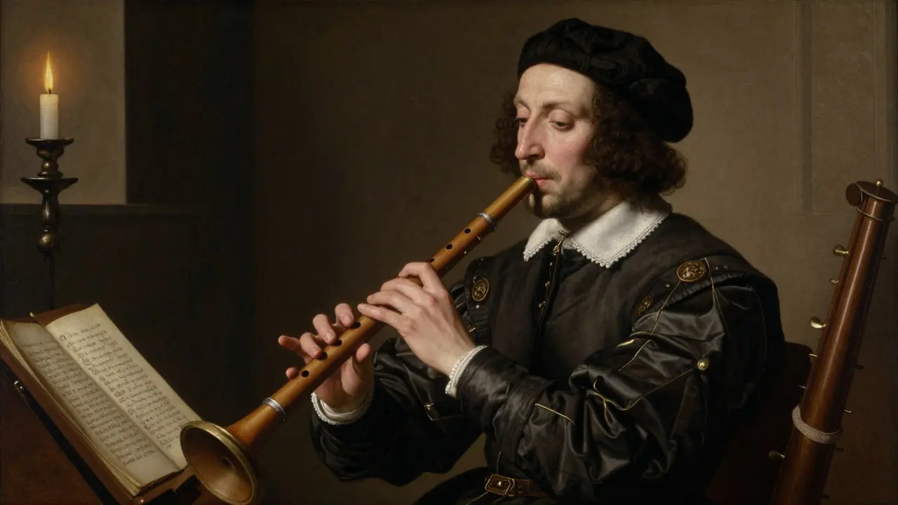 Musicien jouant une flûte droite en bois dans une pièce éclairée par des chandelles, au Moyen Âge.