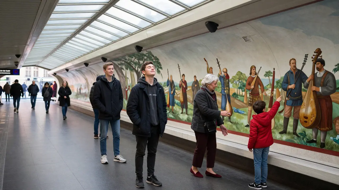 Passagers dans un métro de Lyon écoutent paisiblement de la musique folklorique au petit matin.