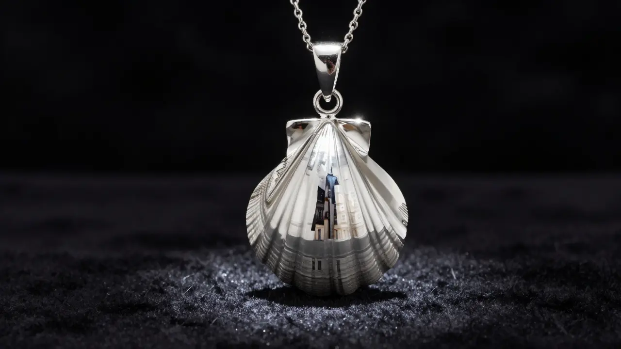 Pendentif en platine en forme de coquille Saint-Jacques, suspendu dans l'obscurité.