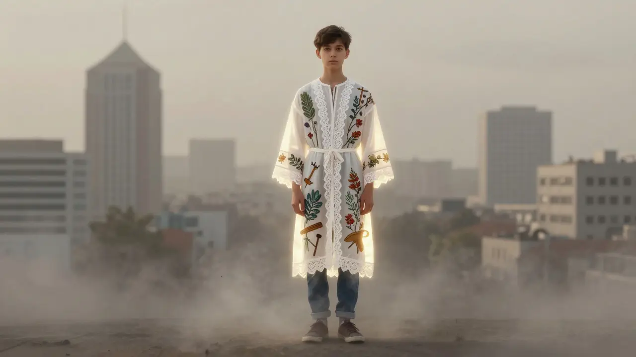 Personne en robe normande au cœur d'une ville moderne qui se dissout autour d'elle.