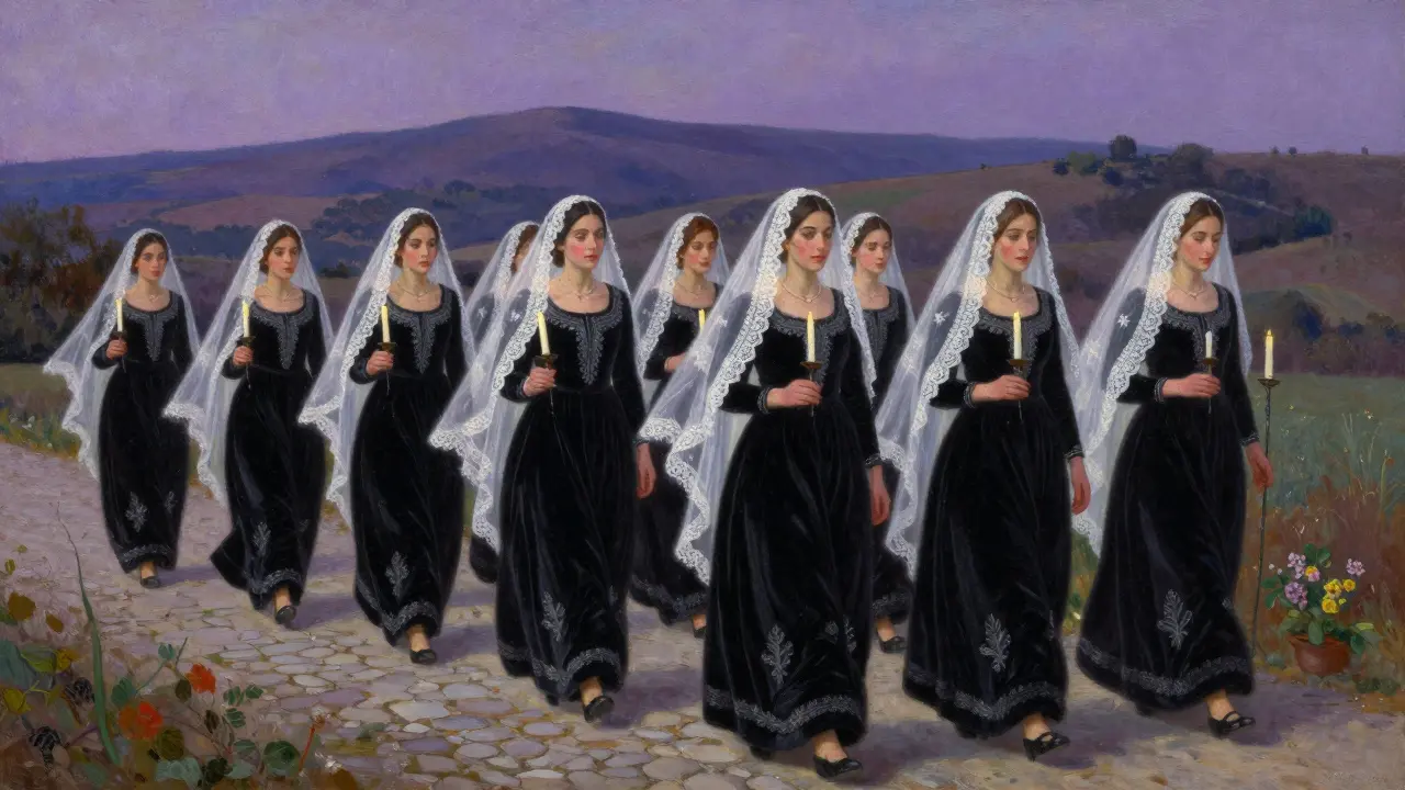 Procession de mariage provençale au crépuscule, avec des femmes en robes noires brodées d'argent et des chandelles.