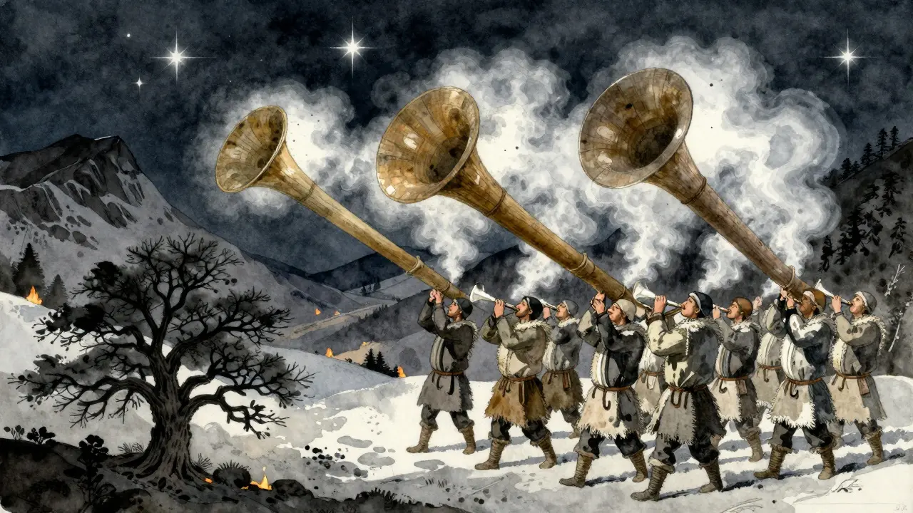 Quarante trompettes de montagne en bois jouant ensemble sous les étoiles dans les vallées des Hautes-Alpes.