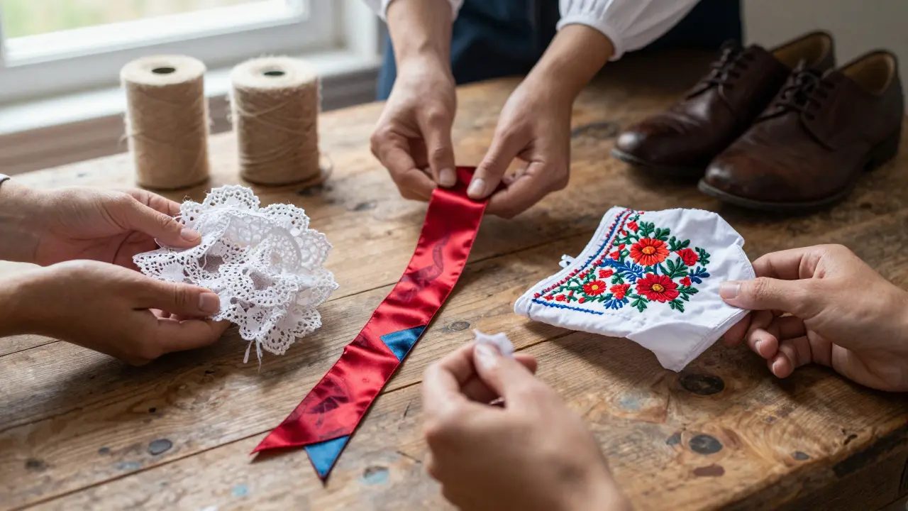 Trois éléments de costumes régionaux français disposés sur une table en bois : coiffe, ruban et broderie.