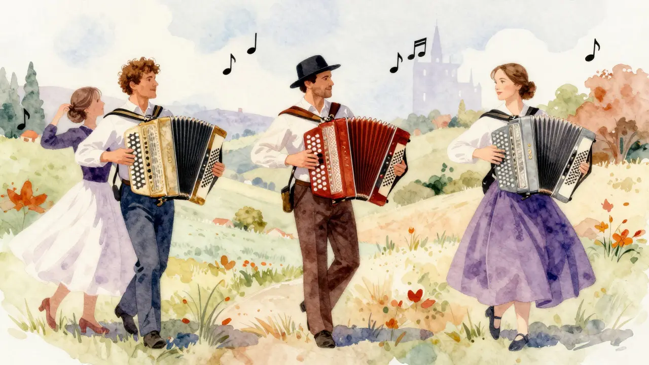 Trois musiciens régionaux en France avec leurs accordéons typiques, entourés des silhouettes de danses locales.