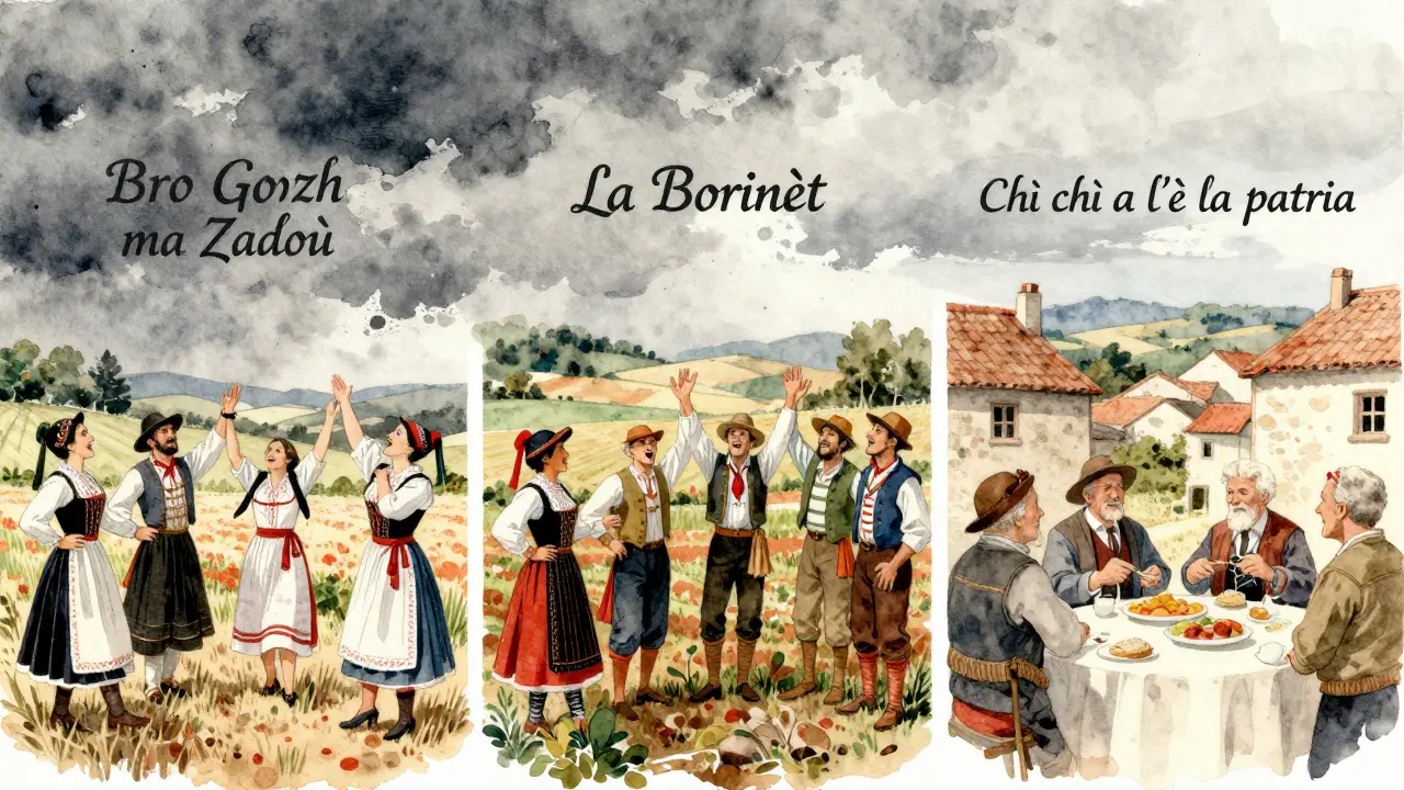 Trois scènes régionales françaises : bretons, occitans et corses chantant leurs hymnes traditionnels dans leurs paysages.