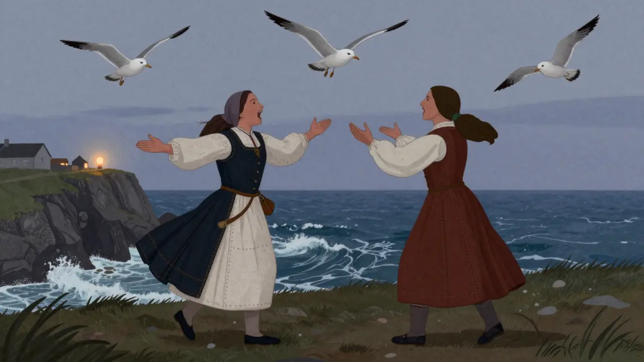 Two Breton singers face each other on a cliff, performing a traditional kan ha diskan call-and-response at dusk.