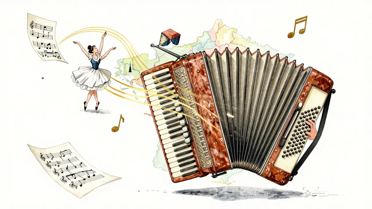 Un accordéon flottant qui se transforme en carte de France avec des symboles régionaux.