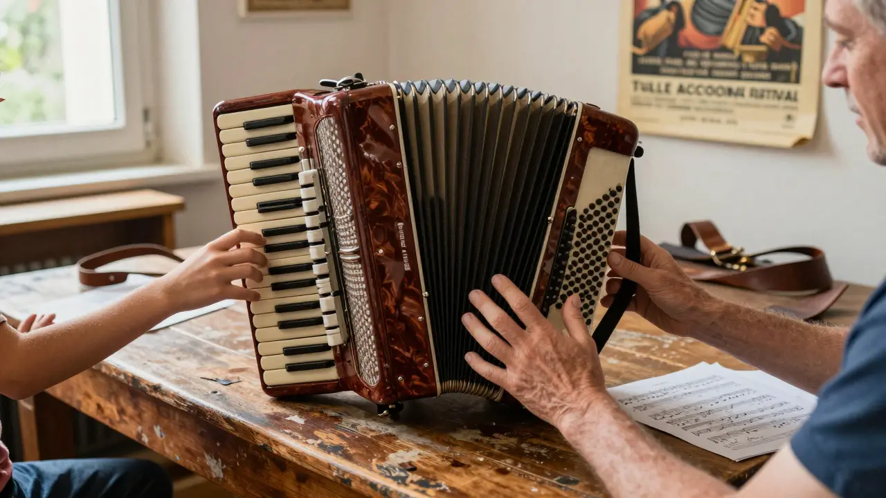 Un accordéon posé sur une table en bois, touché par les mains de différentes générations dans un atelier de musique.