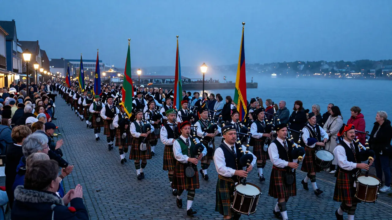 Un défilé massif au Festival Interceltique de Lorient, avec des musiciens en costumes celtiques défilant sous les lumières du crépuscule.