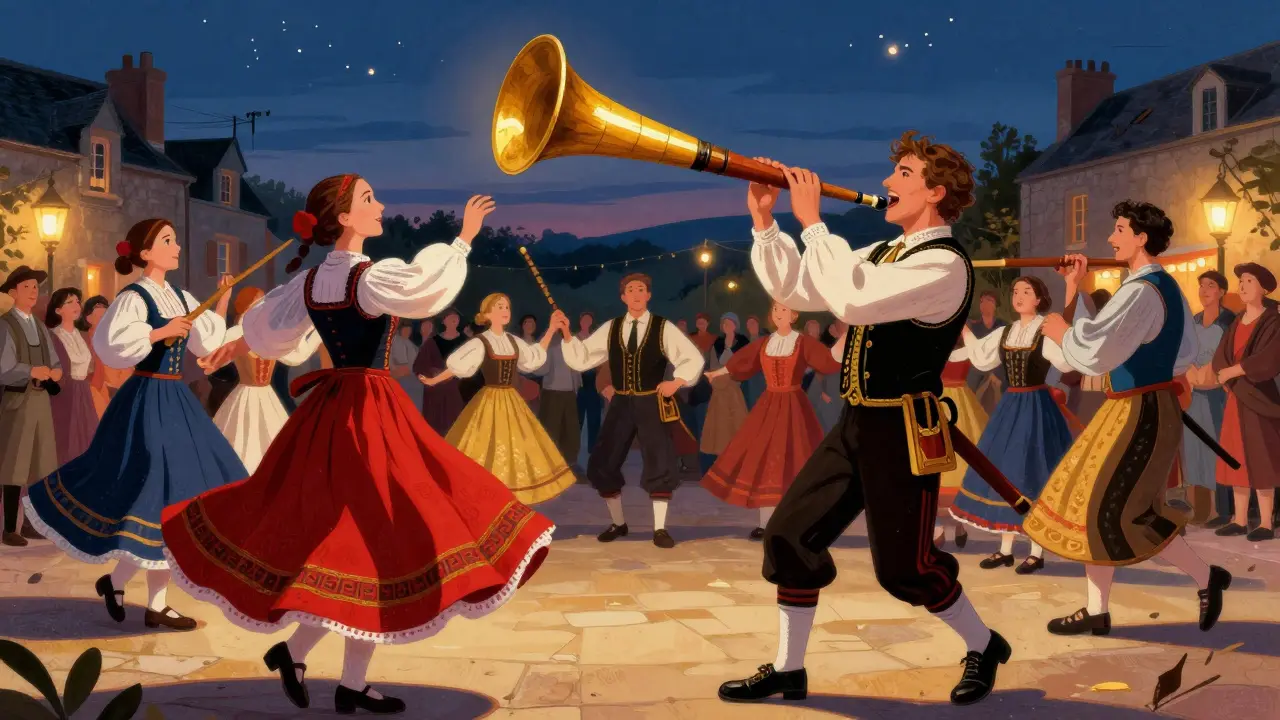 Un fest-noz en Bretagne avec une bombarde et un biniou, entouré de danseurs en costume traditionnel.