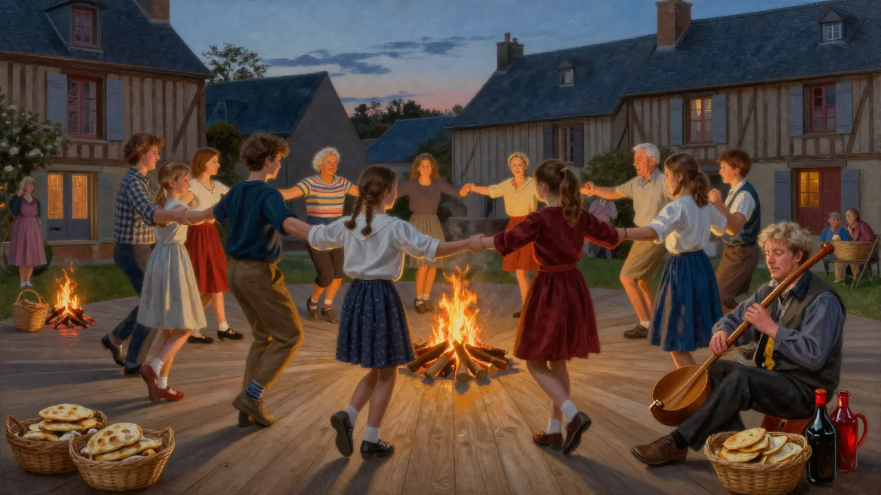 Un fest-noz en plein air avec des danseurs de tous âges, entourés de musiciens et de lumières de brasiers.