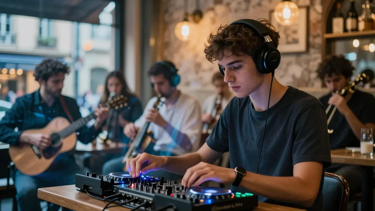 Un jeune musicien moderne mélange la cabrette avec de l'électronique, tandis que des musiciens traditionnels apparaissent en transparence autour de lui.