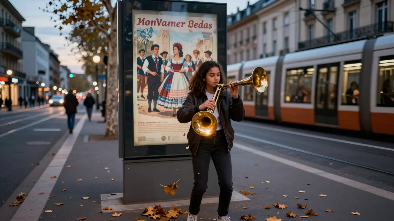 Une adolescente joue de la bombarde en ville, la musique traditionnelle résonne au cœur d'un paysage urbain moderne.