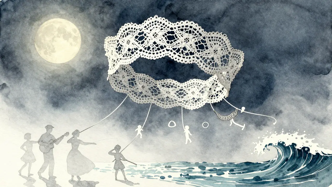 Une coiffe bretonne ancienne flottant dans l'air, entourée de silhouettes de danseurs et de symboles culturels.