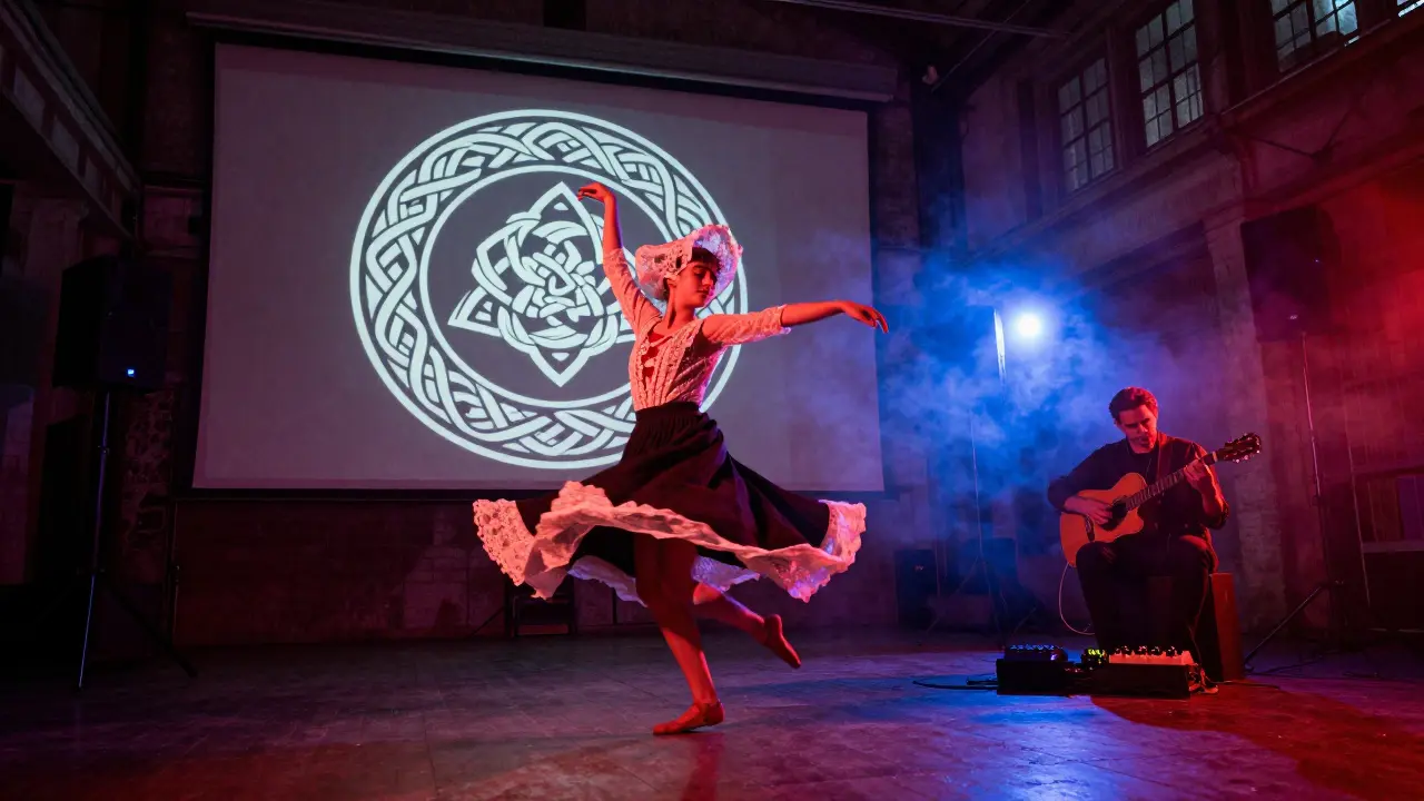 Une danseuse bretonne dans un entrepôt transformé, mêlant tradition et musique électronique sous des lumières vives et des projections.