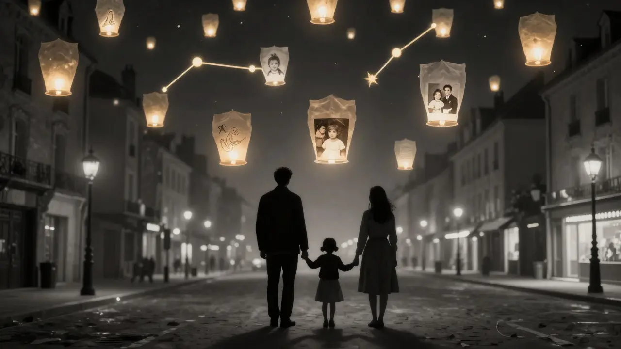Une famille silhouettée sous un ciel de lanternes portant des souvenirs invisibles, dans une atmosphère onirique et silencieuse.