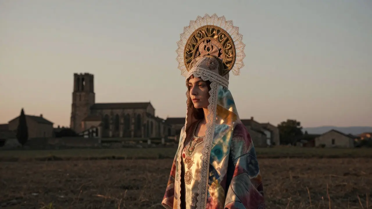 Une jeune femme porte une coiffe recréée, oubliée depuis 1952, dans un champ au lever du soleil.