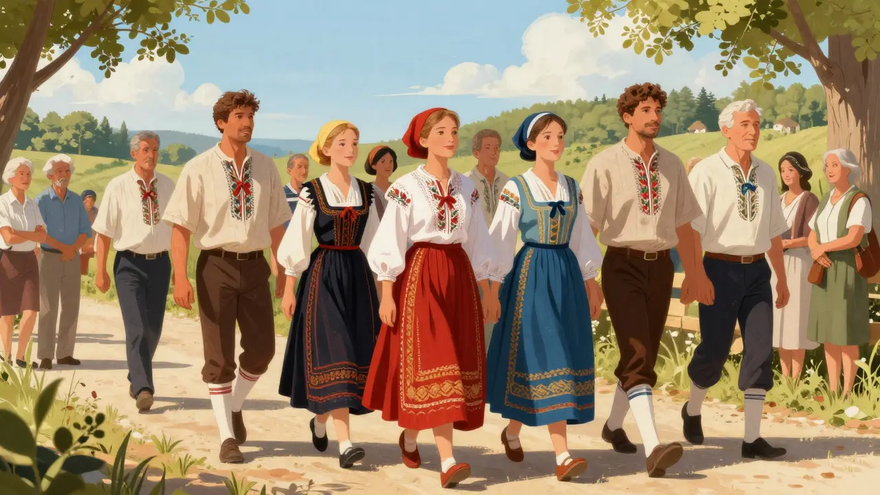 Une procession folklorique en Auvergne avec des costumes régionaux aux couleurs vives sous un ciel d'été.