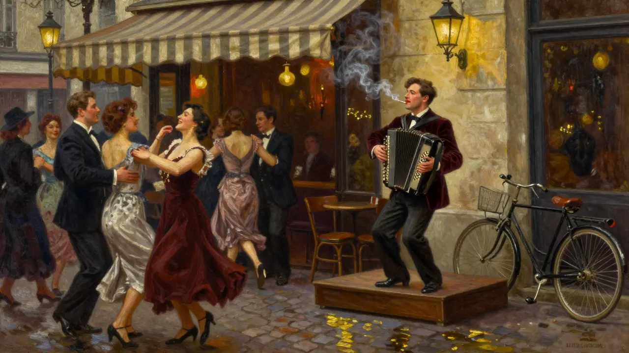 Une scène de bal musette à Paris dans les années 1920, avec des danseurs et un accordéoniste sur scène.