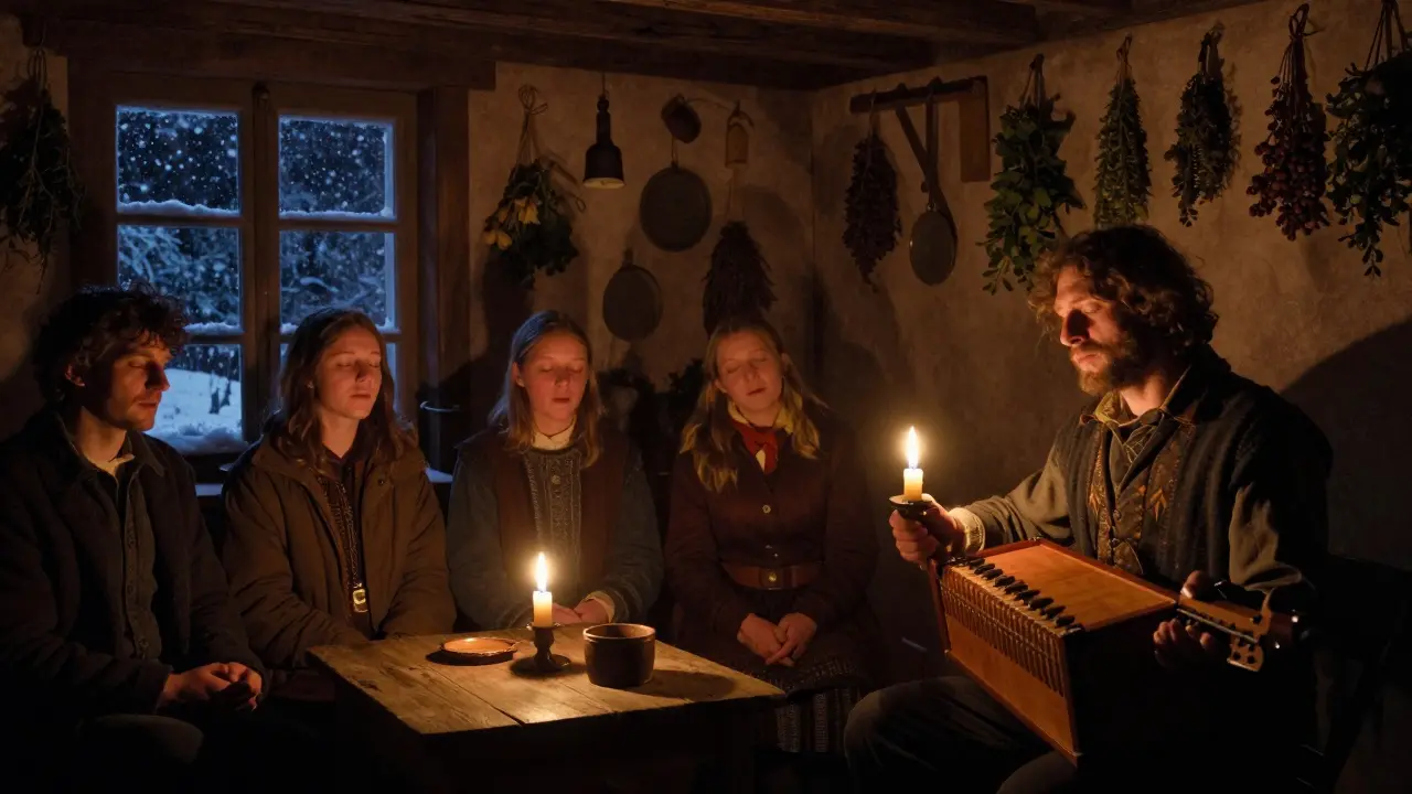 Une veillée d'hiver en Alsace avec une vielle à roue et des chanteurs en polyphonie, éclairés par des chandelles.