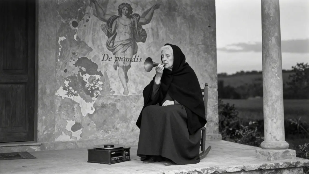 Une vieille femme en Provence, dans les années 1920, chante lentement sur un porche, un enregistreur à ses pieds.