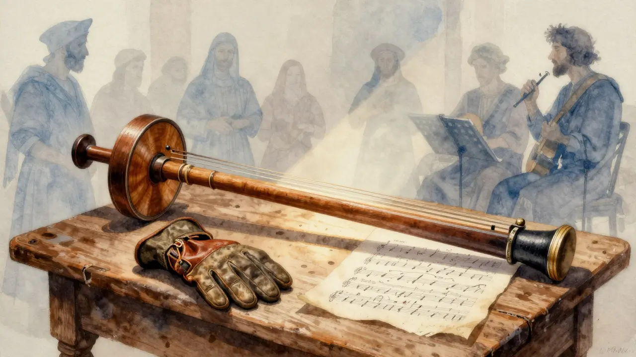 Une vielle à roue posée sur une table, avec une lueur douce et des silhouettes historiques en arrière-plan.