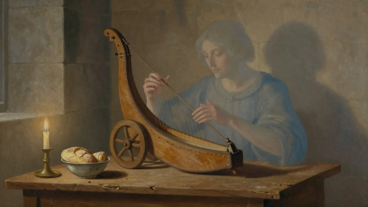 Une vielle à roue posée sur une table en bois, illuminée par une bougie, avec des mains fantomatiques semblant la jouer.