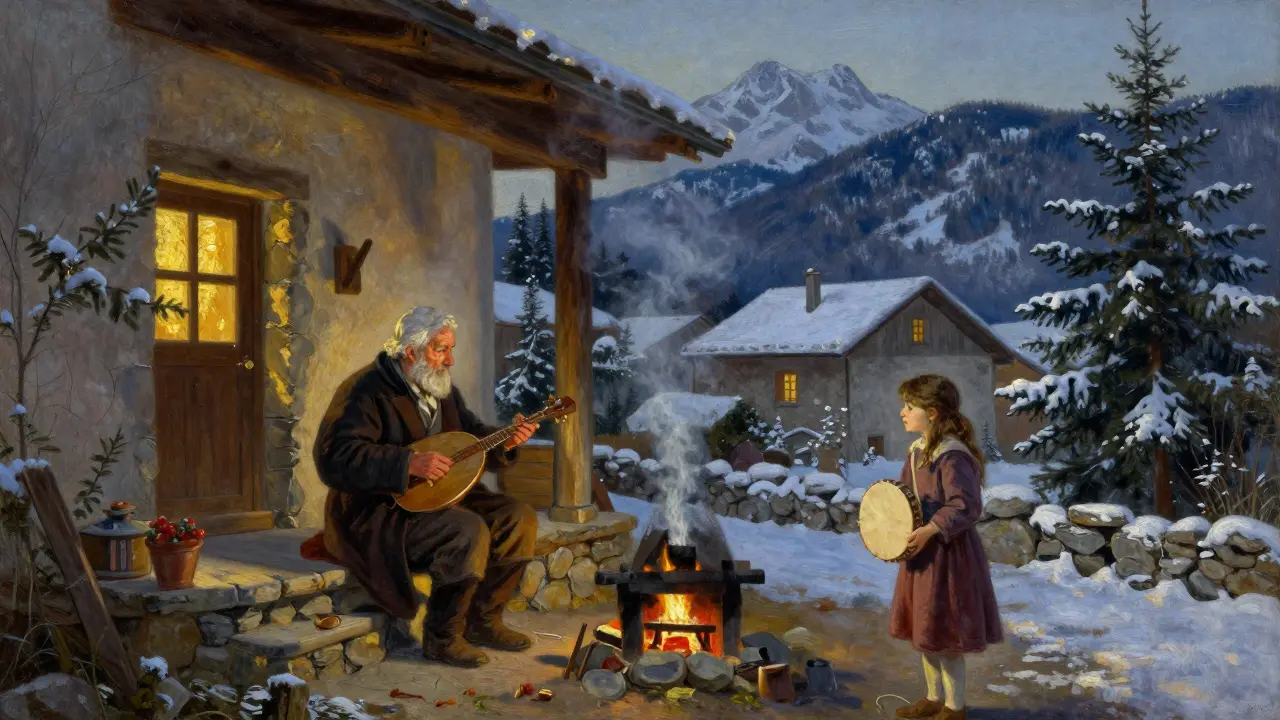 Vieil berger jouant de la cabrette sur un porche de montagne, une jeune fille l'écoute attentivement.