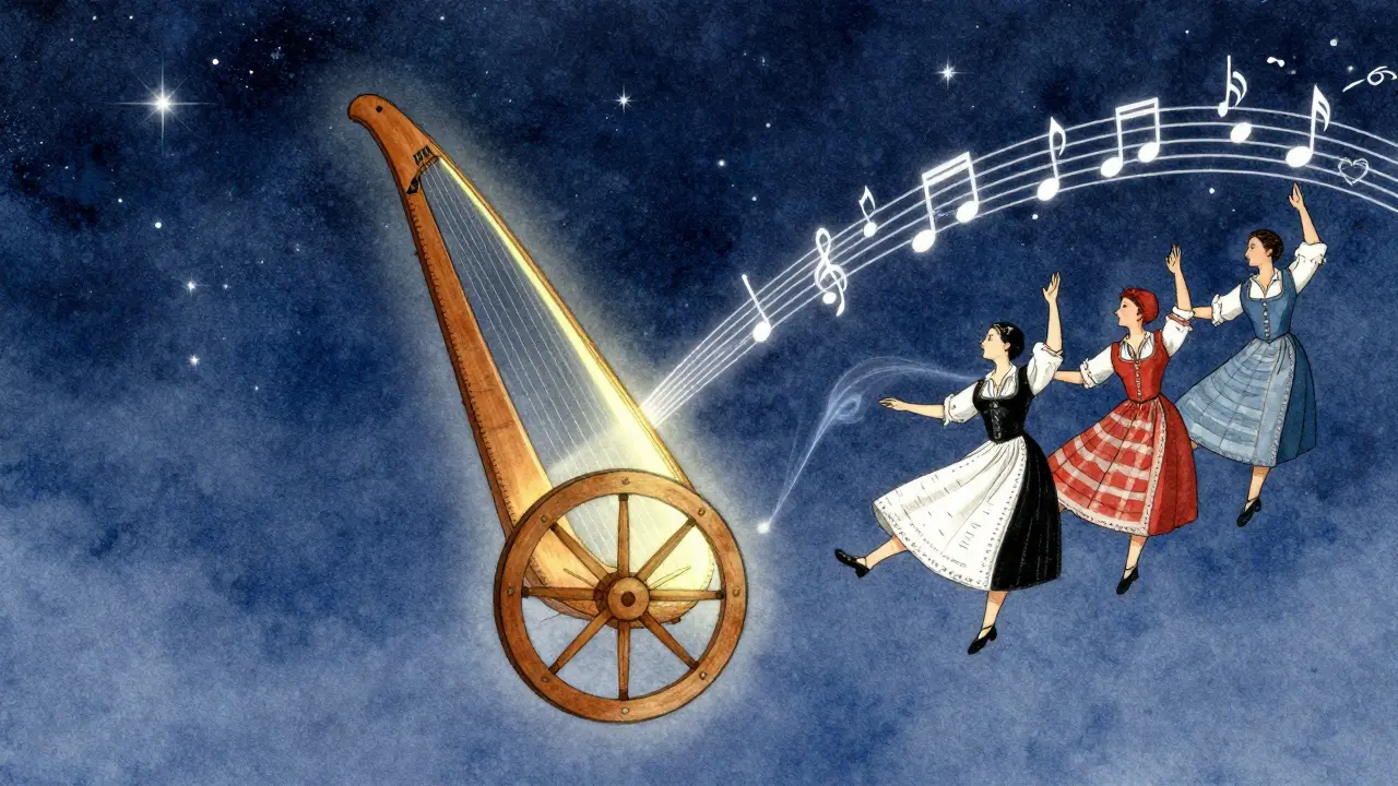 Vielle à roue flottante émettant des notes qui deviennent des danseurs en costumes régionaux sous un ciel étoilé.