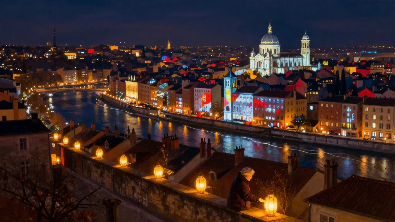 Vue aérienne des lumières de la Fête des Lumières illuminant les ruelles et les rives du Rhône à Lyon.