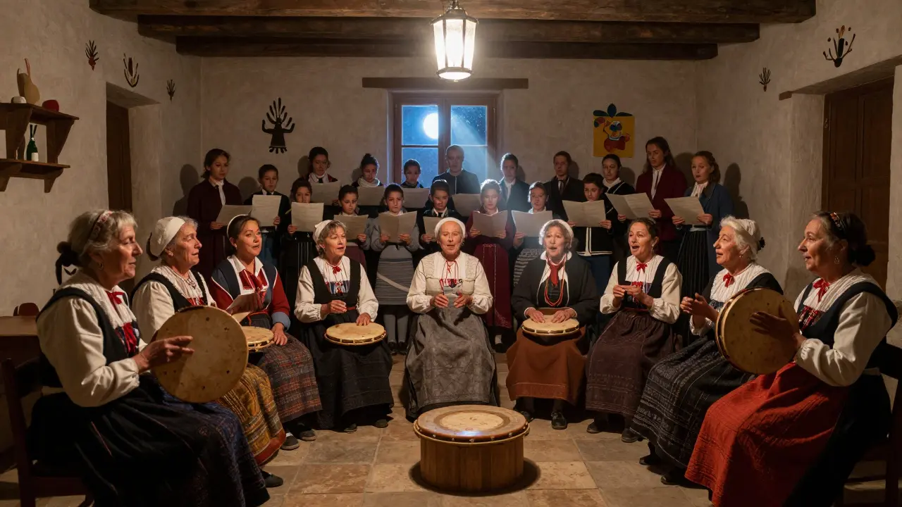 Barbara Pravi joue du tambourin avec des femmes âgées en costume traditionnel, entourées d'enfants chantant en occitan.