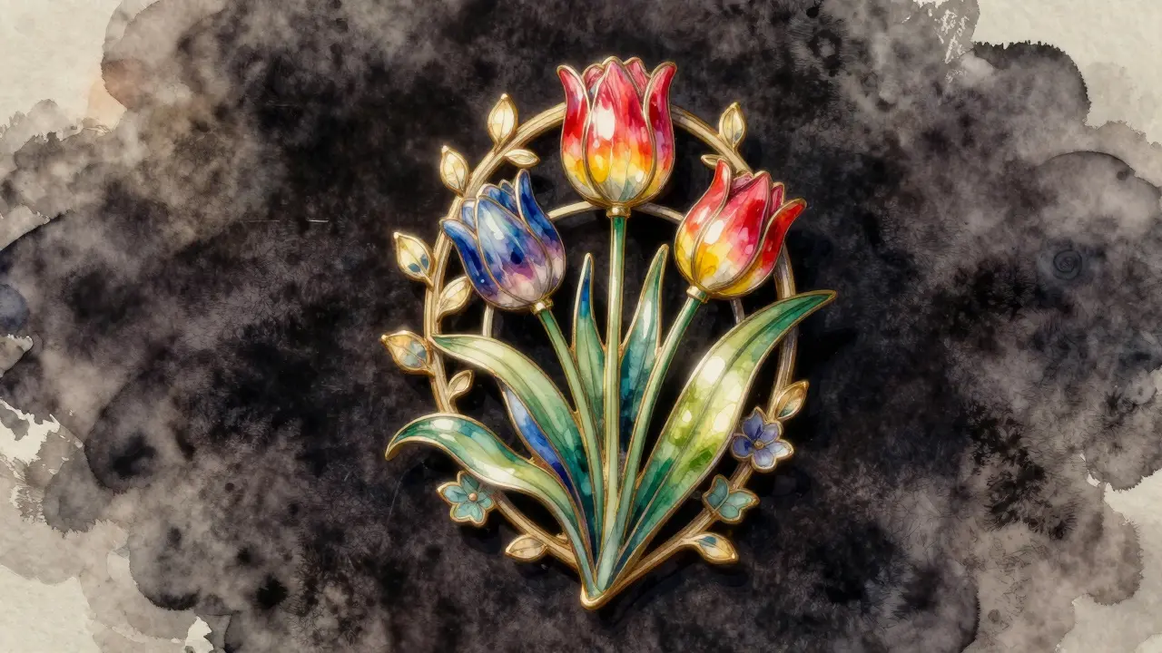 Broche alsacienne en émail floral sur velours noir, motifs de tulipes et vignes.