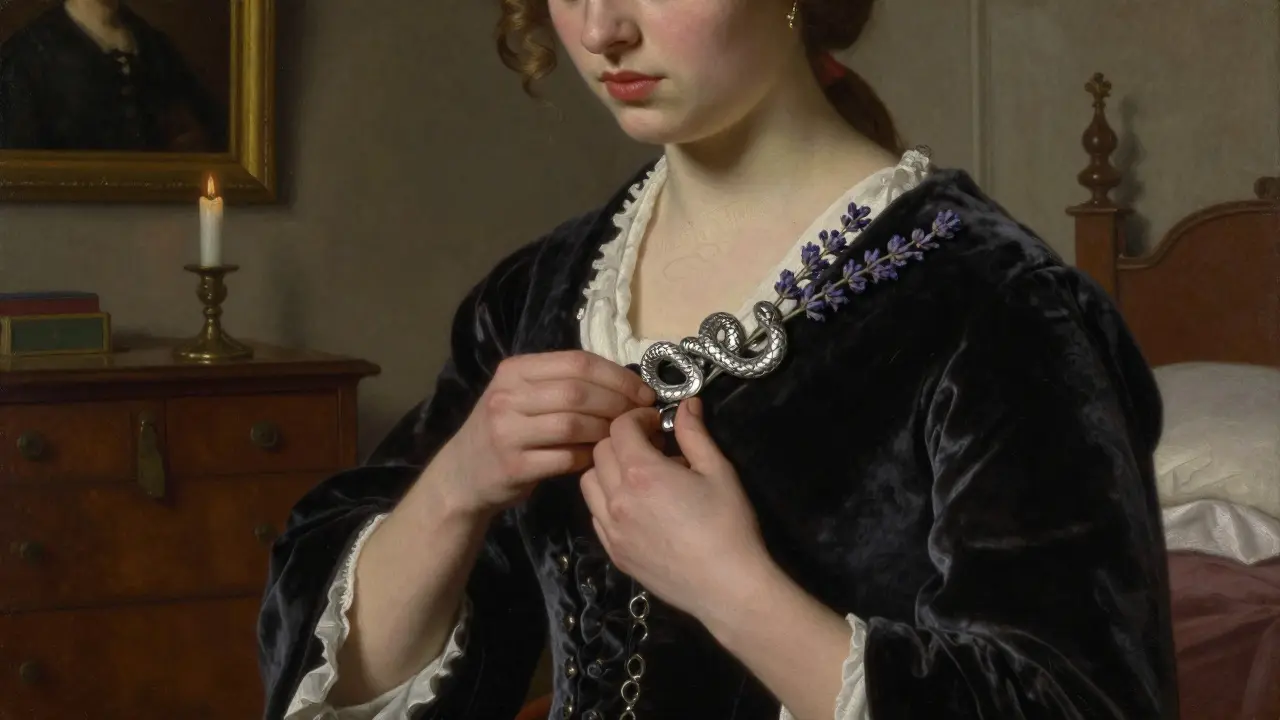 Broche en argent ciselé avec serpents et lavande fixée sur un corsage sombre.