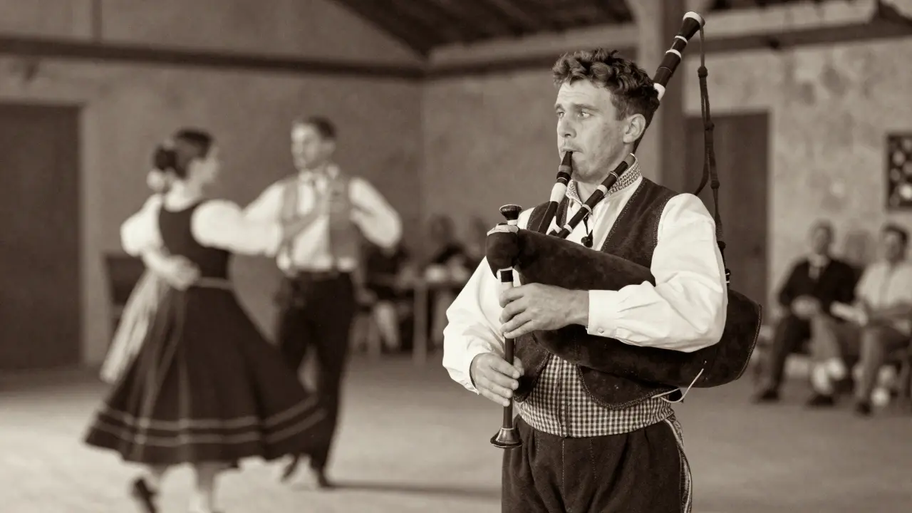 Cabrette jouée lors d'un bal folk en Auvergne, musiciens et danseurs traditionnels.