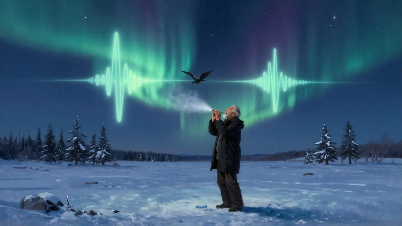 Chanteur sibérien en khöömei sur la steppe gelée, deux ondes sonores lumineuses s'élèvent dans le ciel étoilé.