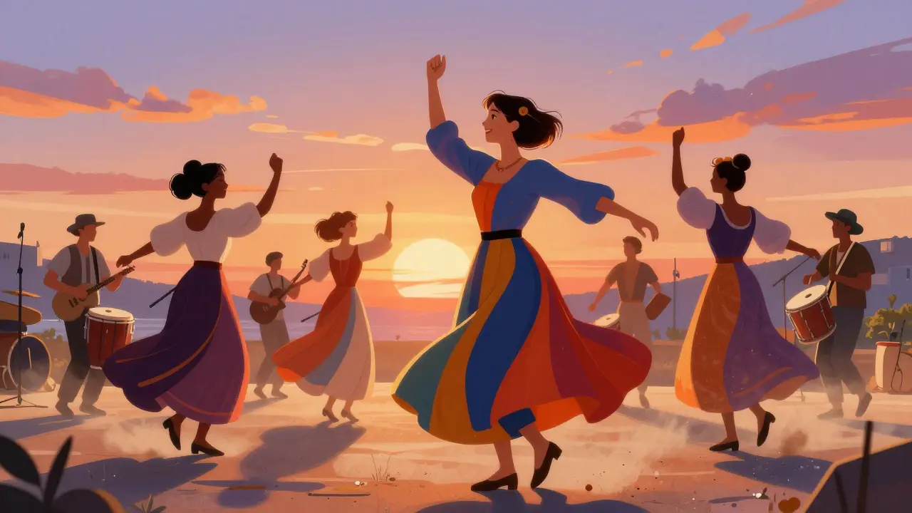 Christine and the Queens danse avec des danseurs de farandole sous un coucher de soleil coloré en plein air.