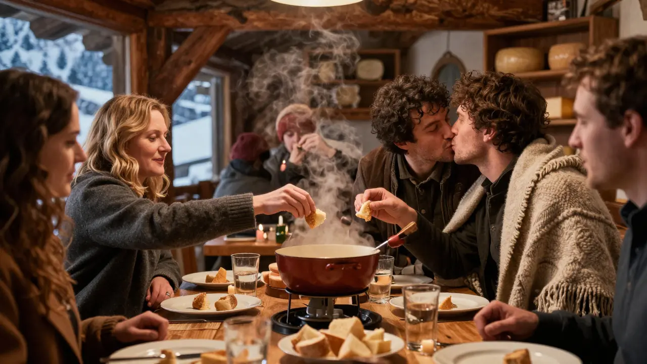 Des convives partagent une fondue savoyarde, un morceau de pain tombe dans le chaudron.