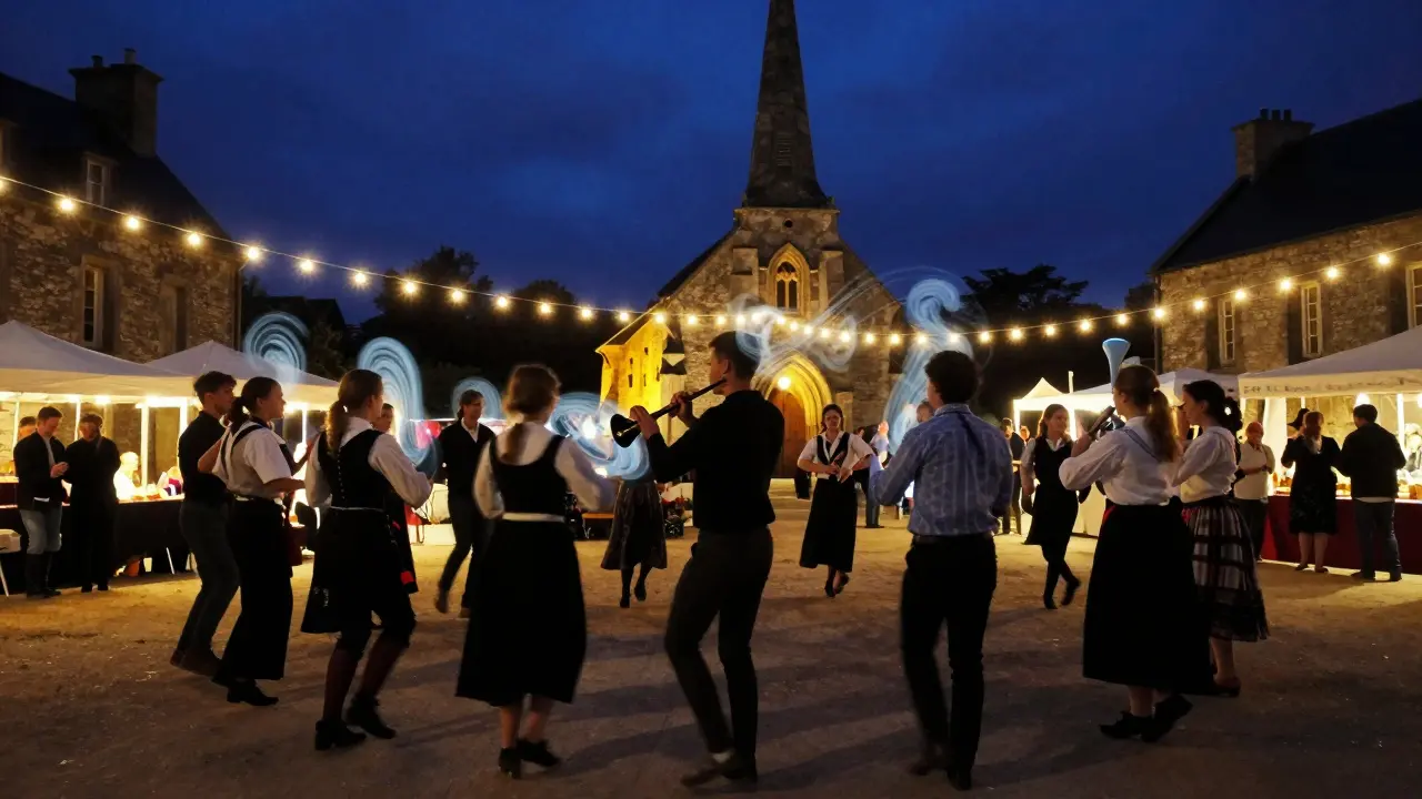 Des jeunes musiciens jouent en cercle sous des guirlandes lumineuses lors d'un festival de musique traditionnelle en Bretagne.