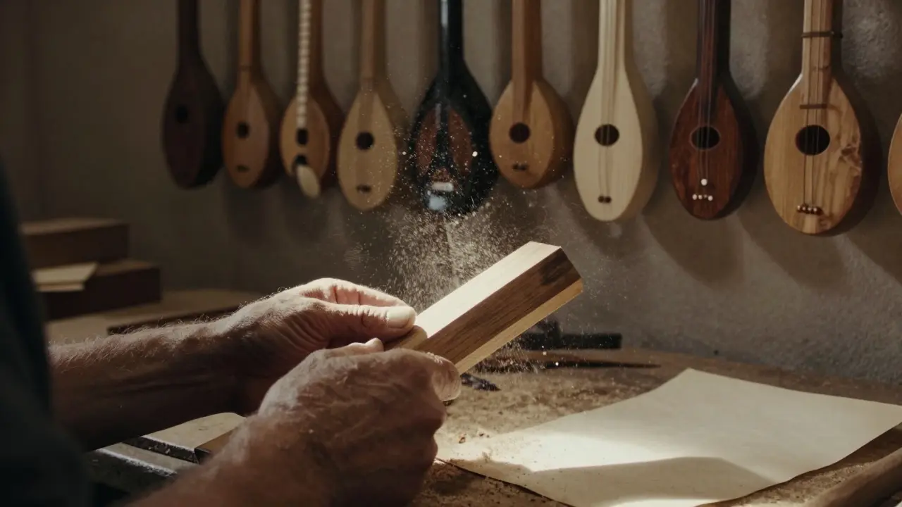Des mains âgées sculptent un bombarde en bois de hêtre dans un atelier artisanal.