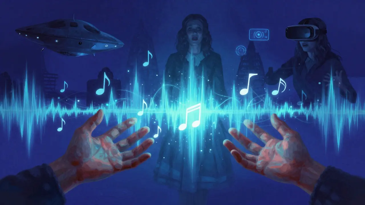 Des mains flottent dans l'espace, transformant des notes musicales en ondes électromagnétiques entre passé et futur.